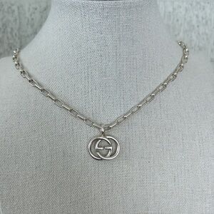 Gucci Sterling Silver Interlocking Double GG Logo Necklace Chain Pendant 20"